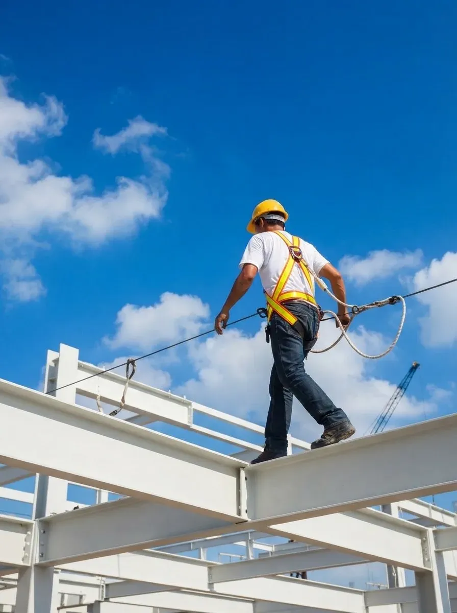 Worker wearing fall protection while carrying out elevated work.