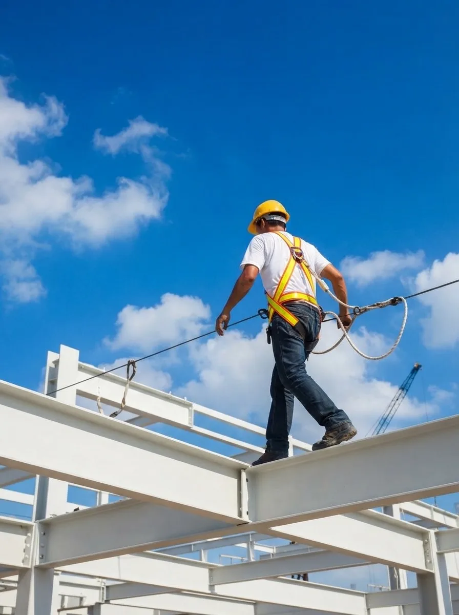 Worker wearing fall protection while carrying out elevated work.